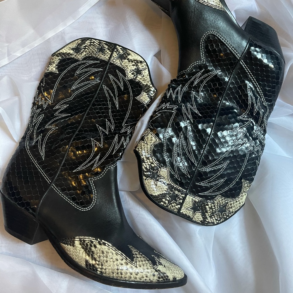 Schutz snake print and black cowboy boots